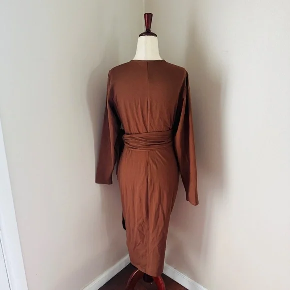 Audrey Leighton Brown V Neck Long Sleeve Midi Wrap Dress Size Large - Picture 7 of 12